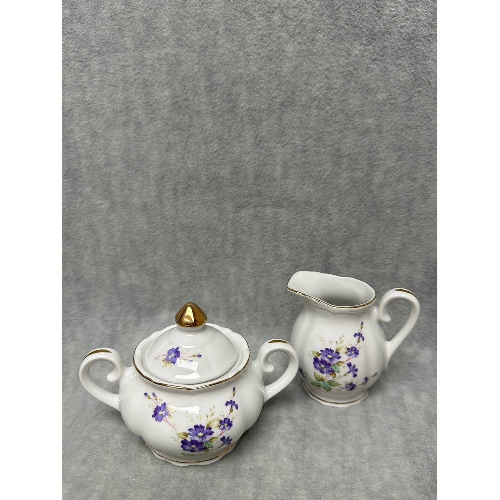 Vintage Lefton China Sugar‎ Bowl Creamer Set Purple Floral Gold Trim 1984